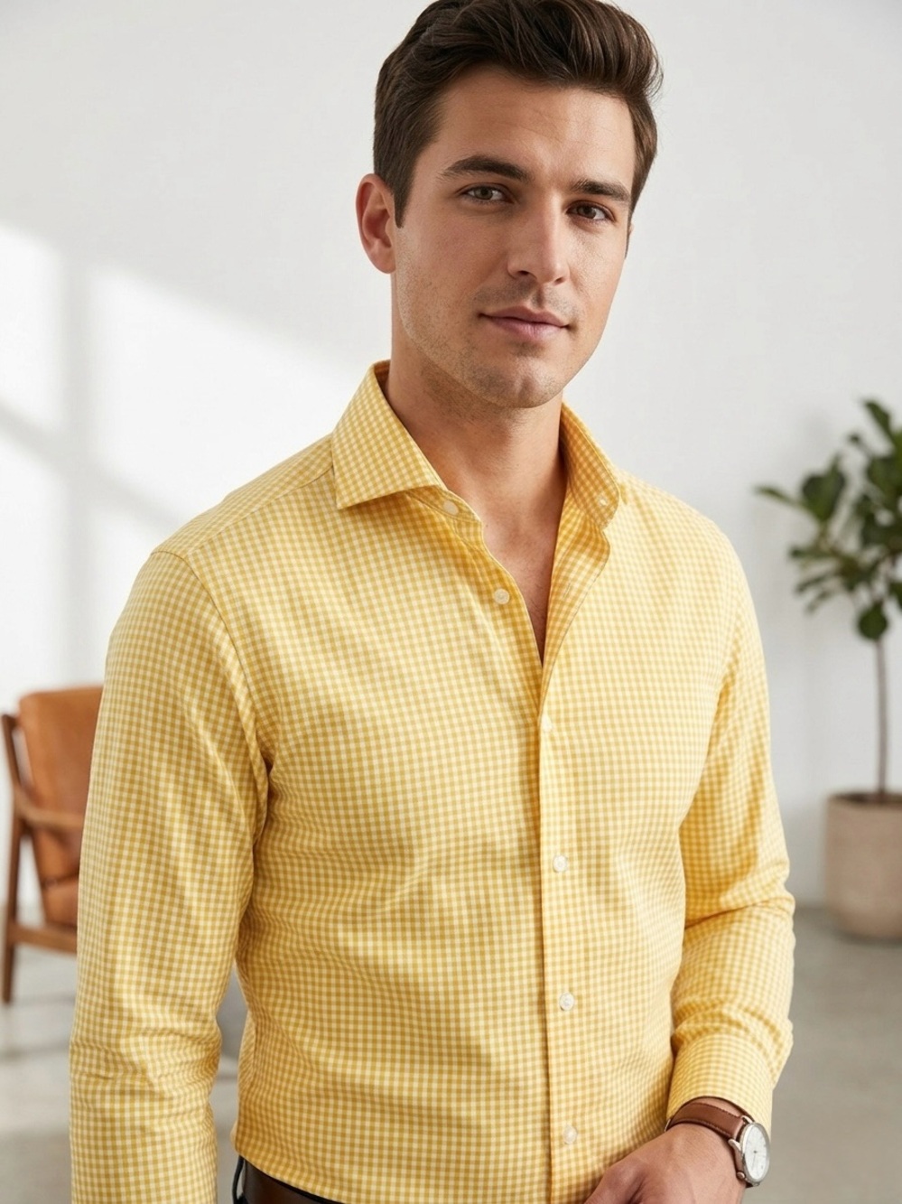 Zara slim fit Yellow Checkered Men's Shirt medium